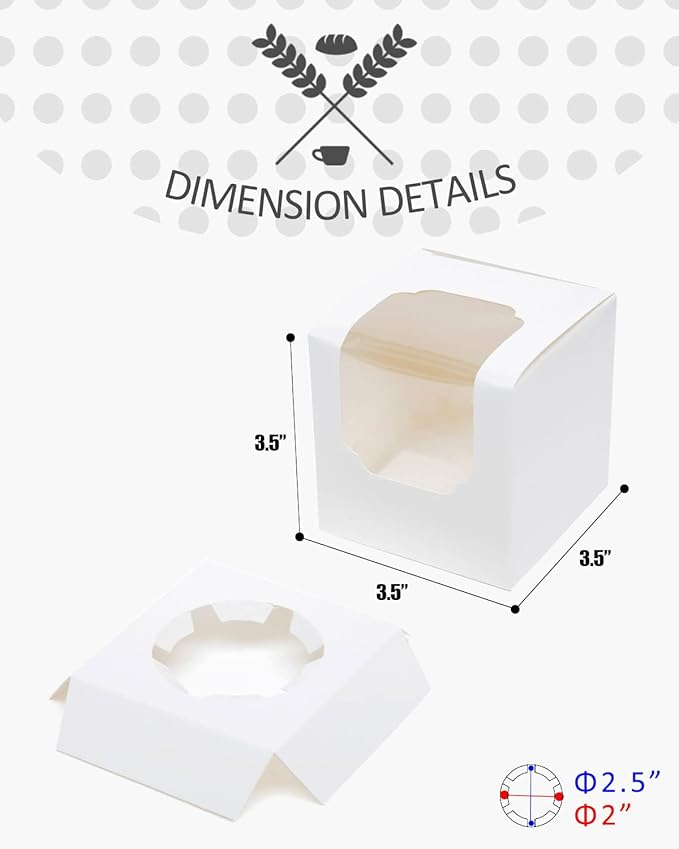 qiqee 60-Packs Cupcake Boxes Auto-pop up Individual Cupcake Container White 3.5" x 3.5" x 3.5" Single Cupcake Boxes