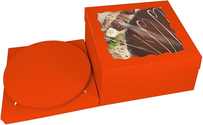 Bakepacker 36pcs 12x12x6 Inches Cake Boxes with Window 18-Packs Orange Cake Boxes 12 Inch Bakery Boxes (18 Cake Boxes +18 Cake Boards)