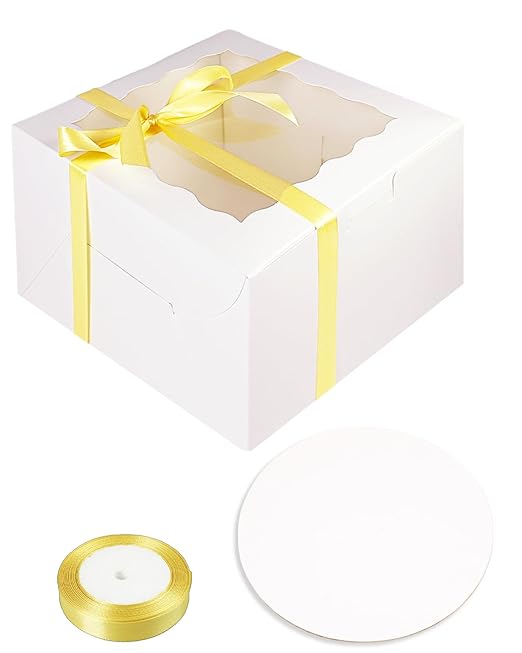 qiqee 10x10x5 Cake Box, 18 Sets White Cake Box with Window ＆ 18 Sets 10" White Cake Round Boards, 10inch Cake Containers, 10 Meters Gold Silk Ribbon