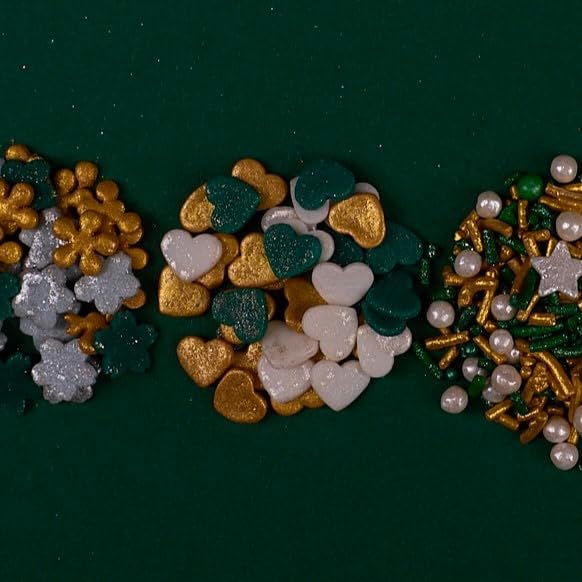 Confect Christmas Sprinkles | White, Grey, Gold & Holly Green Mix | Edible Pearl, Heart & Flower Shaped Sprinkles | Holiday Cake & Cupcake Decorations- 5 Oz