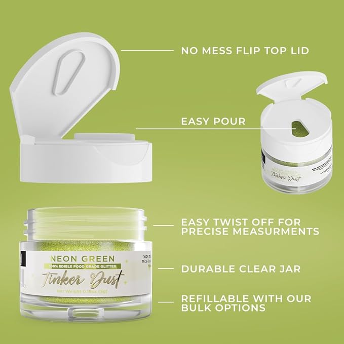 Bakell - Neon Green Tinker Dust (5g, 1x Jar) Edible Glitter for Food, Desserts, and Beverages!