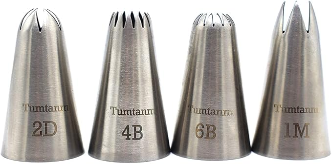 #1M #2D #4B #6B Large Piping Nozzles, 4 pcs Stainless Steel Seamless Icing Piping Tips Set for Cupcakes and Baking