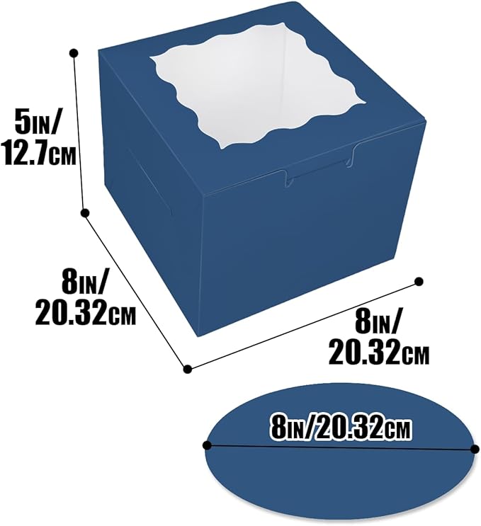 Bakepacker Ink Blue 8x8x5 Inches Cake Boxes with Window, 18-Pack (18 Cake Boxes + 18 Cake Boards Included)