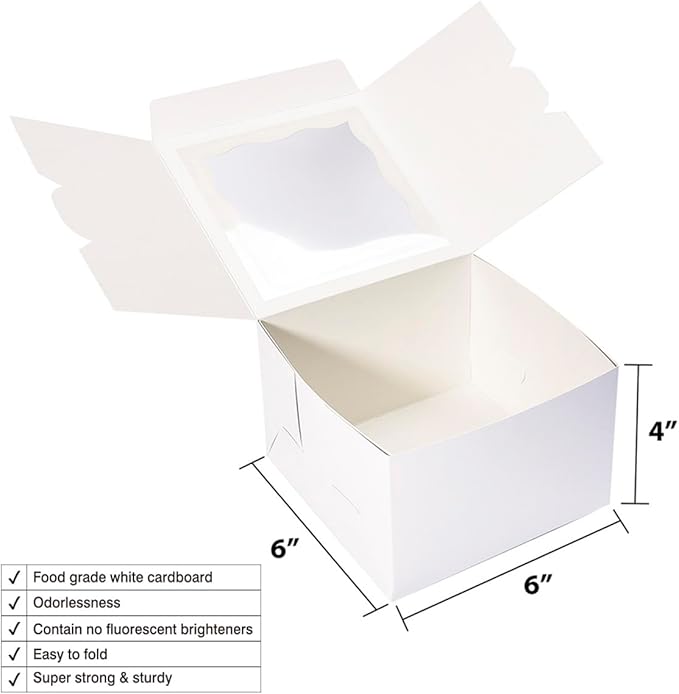 Cookie Boxes with Window 6x6x4 Inch 50 Pack Premium White Bakery Boxes for Individual Cheesecake,Cupcake,Dessert,Pastries,Mini Bundt Cake and Muffin