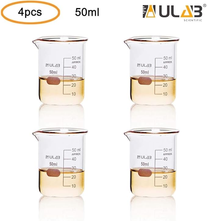 ULAB Glass Beakers Shot Glass, Vol. 50ml, 3.3 Borosilicate Griffin Low form with Printed Graduation, Pack of 4, UBG1019