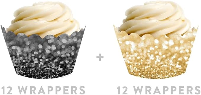 Andaz Press Cupcake Wrapper Decorations, Faux Black And Gold Glitter Not Real Glitter 24-Pack Milestone Birthday Black And Gold Graduation Decorations Gold Cupcake Wrappers Graduation Cupcake Wrappers