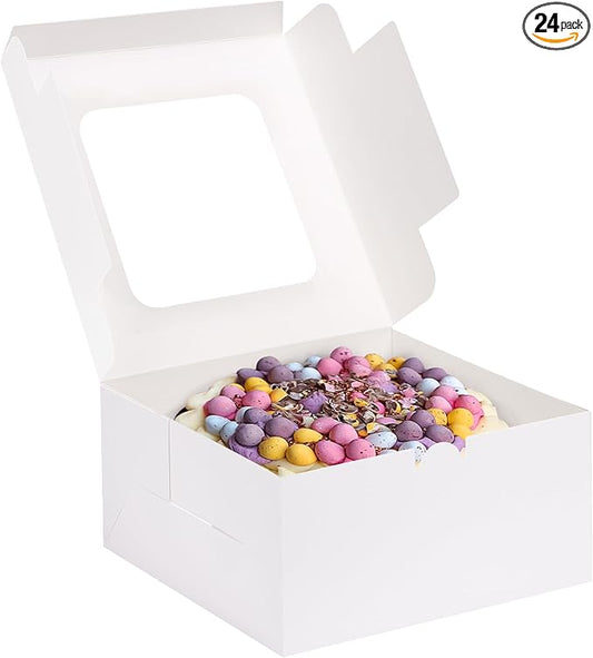 Moretoes 24pcs Cake Boxes, 10x10x5 Inches White Square Bakery Boxes with Window Cajas Pasteles for Cake, Mother's Day, Pastries, Chocolates, Cookies, Pie, Birthday Party, Wedding