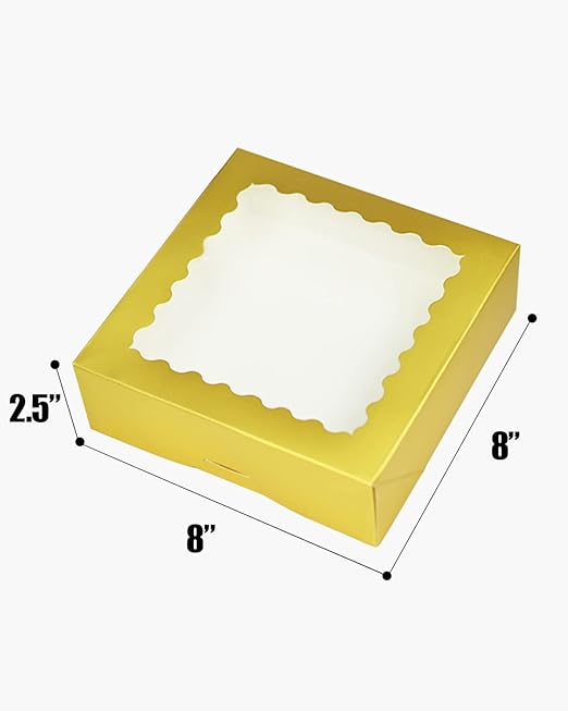 qiqee Gold Pastry Box With Window 8x8x2.5 inch Donut Pie Boxes 30pcs Bakery Box Auto-pop up