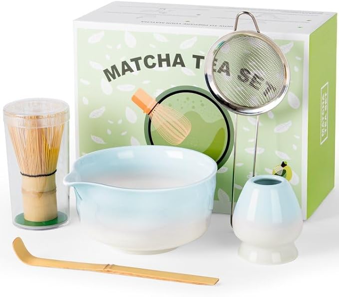 Matcha Whisk Set,Ceramic Matcha Kit Set Includes Bowl with Spout, Whisk,Holder,Bamboo Scoop and Sifter,5 pcs Matcha Tea Kit for Matcha Lovers, Ideal Gift Christmas, Birthday (Blue gradient)