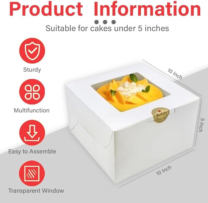 JBR & JM 5-Pack White Cake Boxes with Window - 10x10x5 Inches, Disposable Bakery Box for Cakes, Pastries, Desserts, Cookies - Square Cake Containers for Birthday Parties and Weddings
