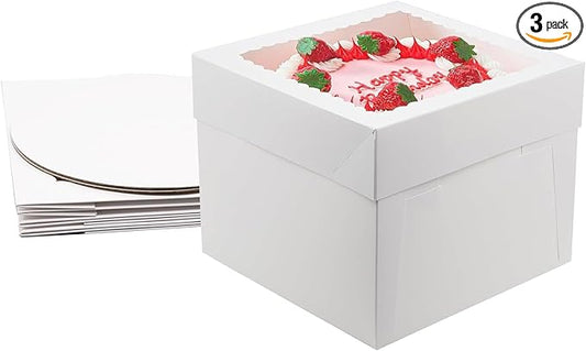 3 Pack Cake Boxes, 10x10x8 Inches Tall Cake Box with Boards, White Bakery Boxes with Window, Disposable Cake Containers for Cake, Donuts, Pies, Cookies, Wedding, Birthday, Party (White - 3 Pack)