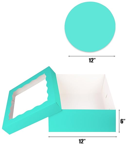 qiqee 12x12x6 Cake Box, 18 Sets Mint Blue Cake Box with Window ＆ 18 Sets 12" Mint Blue Cake Round Boards, 12inch Cake Containers