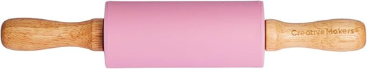 Small Rolling Pin for Kids, Non-Stick Silicone Surface with Wooden Handles for Play Dough and Baking Rolling Pin (Light Pink)