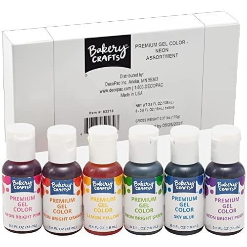 Bakery Crafts Premium Gel Neon Food Coloring 6 Bottle Assortment, 3.6 Fl Oz, Bright Edible Color For Christmas Baking And Decorating, Highly Concentrated, Yellow, Orange, Purple, Blue, Pink, Green | 6 x 0.6FL | Made in USA