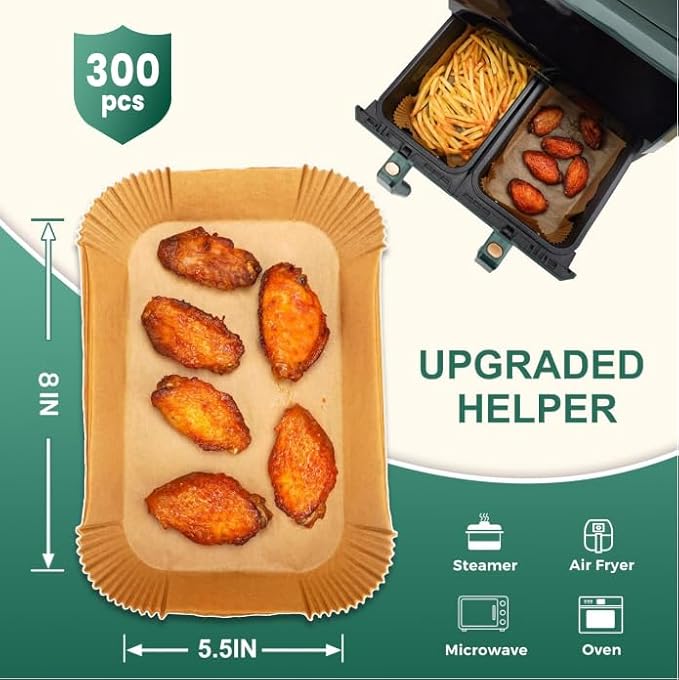 Vailnd 300Pcs Air Fryer Paper Liners Disposable, 8x5.5" Rectangle Parchment Paper, Sheets, Non-stick Liners for Rectangular Airfryer Basket Oilproof Waterproof