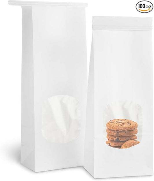 QTLCOHD 100Pcs Bakery Bags with Window 3.5 x 2.4 x 9.8 Inch White Paper Bread Bags Tin Tie Tab Lock Cookie Paper Treat Bag for Packaging Cookies Pastry Loaf Popcorn