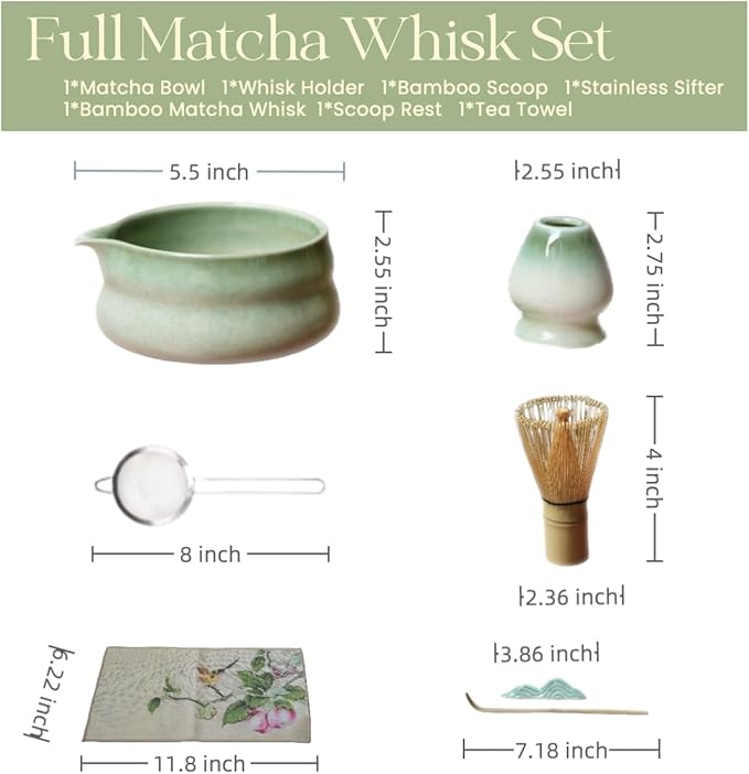 Matcha Whisk Set, 7 Pcs Kit Includes Ceramic Bowl, Traditional Bamboo Whisk and Holder, Scoop, Scoop Rest, Sifter and Tea Towel - Gift set for Matcha Lovers, birthday, Christmas (Green)