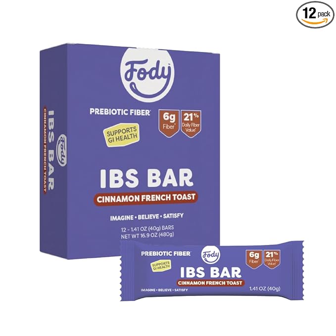 Fody Foods IBS Snack Bars, Cinnamon French Toast, 1.41 Oz (Pack of 12), 6g Prebiotic Fiber, Low FODMAP, Gut & IBS Friendly, Lactose Free, Non-GMO, Gluten Free