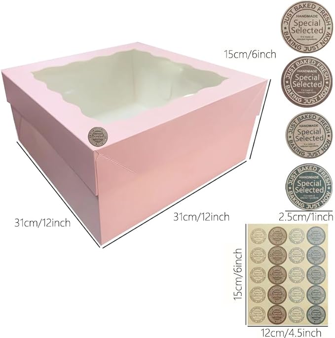 Generic 18Pcs (12.2x12.2x5.9 in) Cake Boxes+18 Cakeboard+1 stickers with Display Window for Gift Giving, Bakesale, Cupcakes, Dessert, Cookies, Pie, Macaroons, Donuts, Pastry, (Pink), 12CDGH