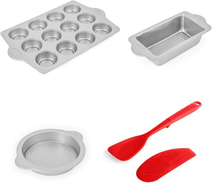 Betty Crocker Bakery Starter Bundle: 12-Cup Muffin Pan, 9" Round Pan, 12" Loaf Pan, Silicone Dough & Bowl Scraper, Scraper Spatula - Perfect for Baking Enthusiasts