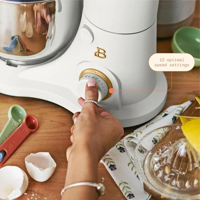 Beautiful 3.5 Qt Tilt-Head Stand Mixer | 12-Speed 300 W Motor | Stainless Bowl Beater, Dough Hook & Whisk by Drew Barrymore (White)