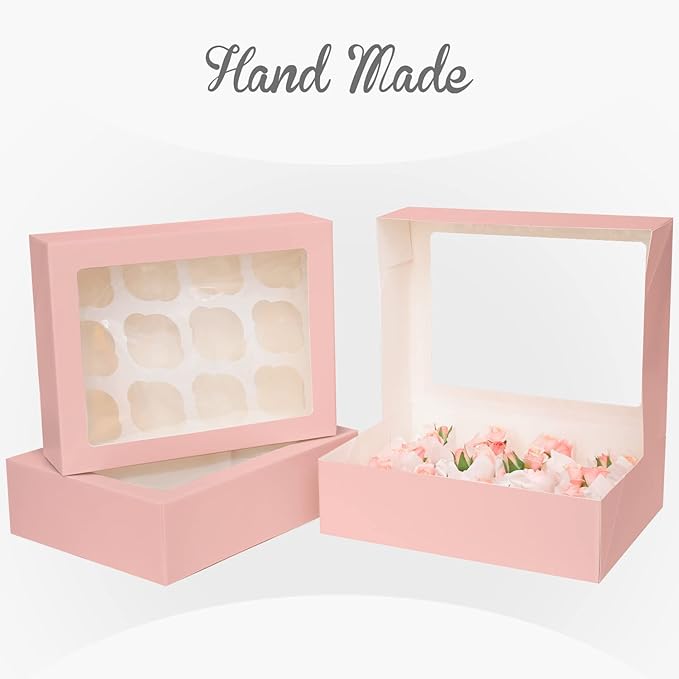 Bakepacker 12 Cupcake Containers 10-Packs Pink Cupcake Box Cupcakes Carrier, 12 Cupcake Boxes with Window 13"x10"x3.5"（Auto-pop up）