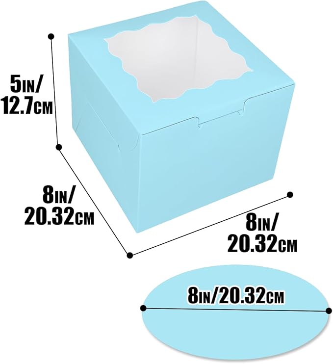 Bakepacker 36pcs 8x8x5 Inches Light Blue Cake Boxes with Window, 18-Pack (18 Cake Boxes + 18 Cake Boards Included)