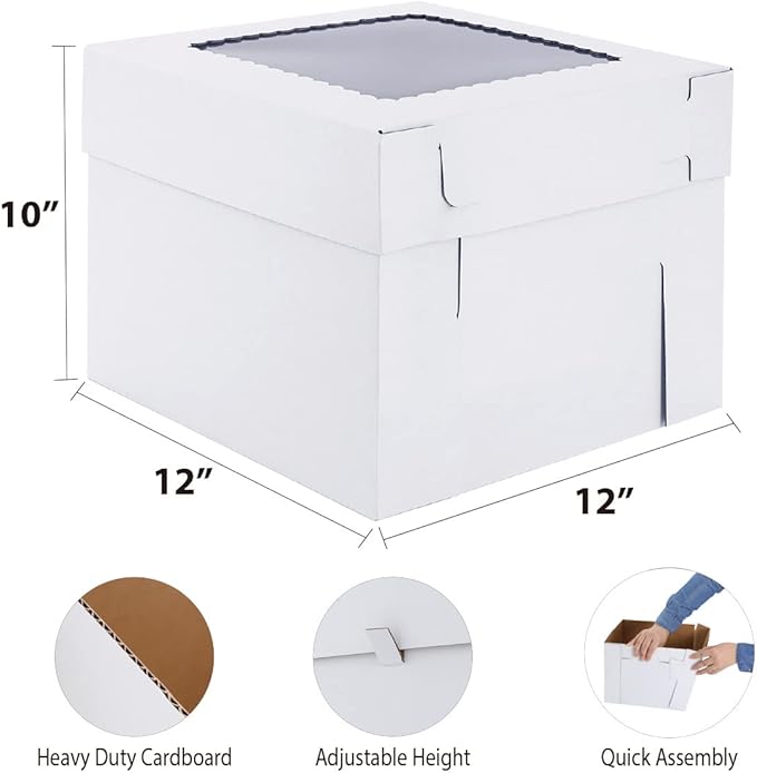 Tall Cake Boxes for Tier Cakes,12x12x10 Inch [10Pack ] Thick Sturdy Bakery Box with Window,White Cake Carrier, Disposable Cake Containers,Birthday Cake Boxes