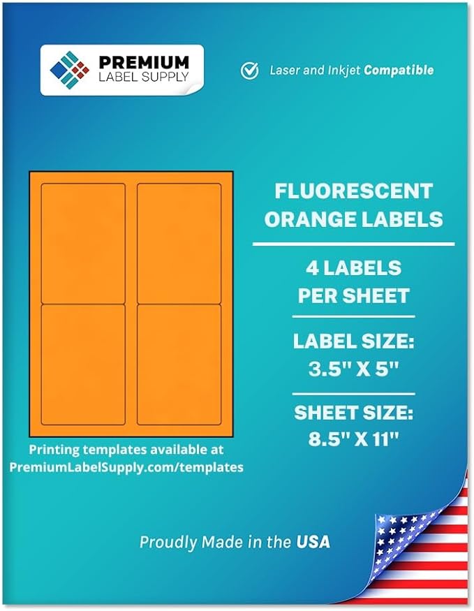 Premium Label Supply Bright Neon Color Fluorescent Sticker Labels - 3.5" x 5" Labels - (Fluorescent Orange, 4000 Labels)