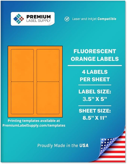 Premium Label Supply Bright Neon Color Fluorescent Sticker Labels - 3.5" x 5" Labels - (Fluorescent Orange, 100 Labels)