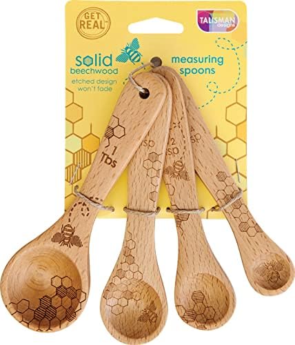 Talisman Designs Laser Etched Beechwood Measuring Spoons | Set of 4 | Honey Bee Design | Natural Wooden Measuring Spoons Set | Cute & Functional Kitchen Tools
