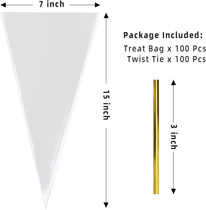 Morepack Cone Treat Bags, 100Pcs, 7x15 Inches, Clear Cellophane, with Twist Ties, for Treats, Popcorn, Candy, Party Favors