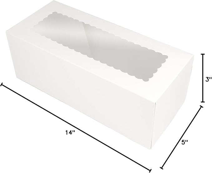 O'CREME White Rectangular Cake Box 14.5 Inch x 5 Inch x 3 Inch High with Scalloped Window - Pack of 25