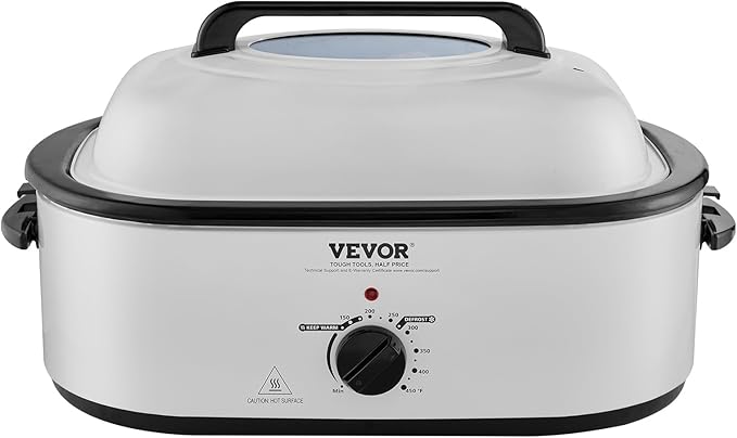 VEVOR Electric Roaster Oven, 22 QT Turkey Roaster with Self-Basting Lid, 1450W Roaster with Defrost & Warm Function, Adjustable Temp, Removable Pan & Rack, Fits Turkeys Up to 26LBS, White