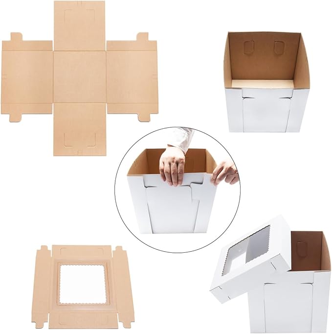 JJO Tall Cake Boxes for Tier Cakes, 3 Pack 12x12x12 Inch,White Cake Boxes with Window,Sturdy Tall Cake Carrier, Disposable Cake Containers