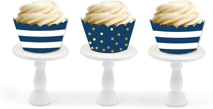 Andaz Press Party Cupcake Wrapper Decorations, Navy Blue Stripes and Metallic Gold Ink Polka Dots, 24-Pack, Theme Colored Bulk Cake Supplies