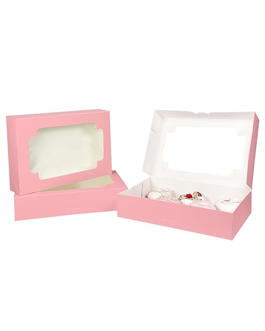 qiqee Auto-pop up Pink Cookie Box with Window 12x8x2.5 inch 18 Packs Two Uses One Second Folding Pastry Biscuit Bakery Box for Packaging