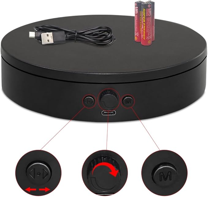 Rotating Display Stand with Type-C Power Cable,Motorized Lazy Susan Spinner Adjustable Speed and Direction, Photography Spinning Platform for Product Shooting and Displaying, Display Turntable (black, 5.9'')