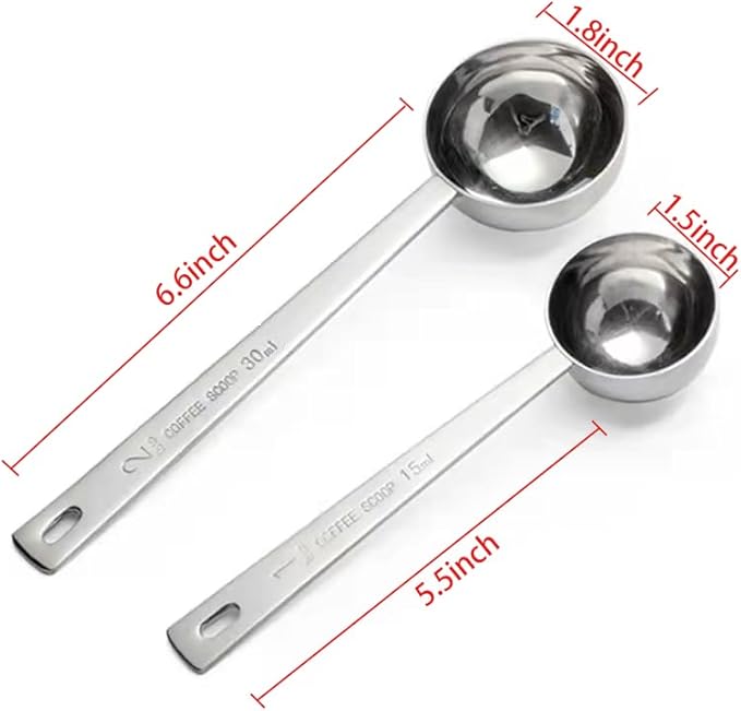 Long Handle 304 Stainless Steel Coffee Measuring Spoon Multi-Purpose Set Silver 2 Pieces 1 Tablespoon (15ml) and 2 Tablespoons (30ml)