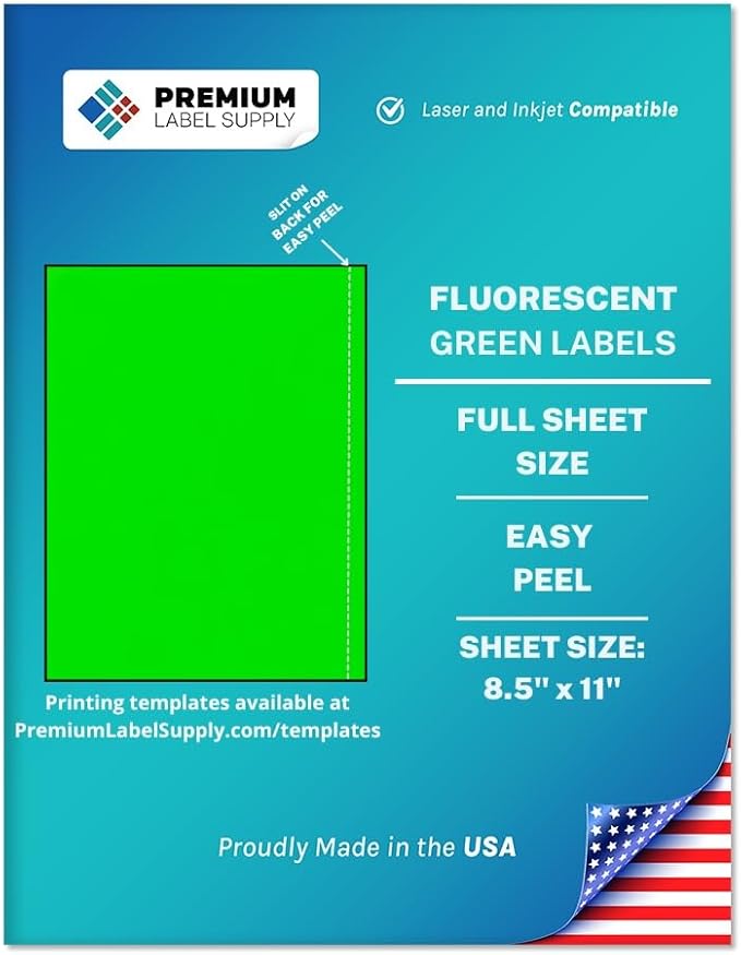 Premium Label Supply Bright Neon Color Fluorescent Sticker Labels - 8.5" x 11" Full Sheet Labels - (Fluorescent Green, 1000 Sheets)
