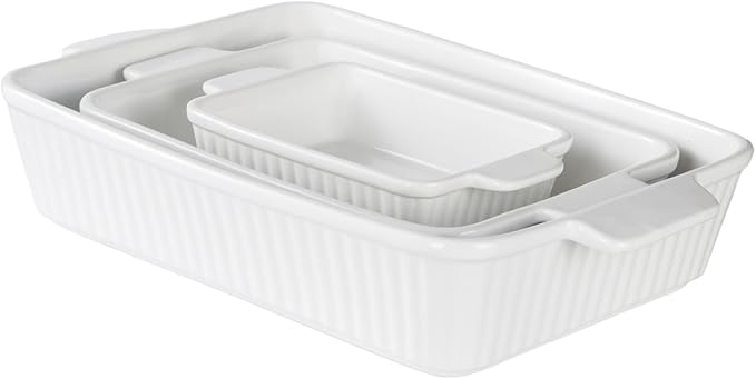 Casserole Dishes for Oven, Porcelain Baking Dishes, Ceramic Bakeware Sets of 3, Rectangular Lasagna Pans Deep with Handles for Baking Cake Kitchen ﻿ (white)