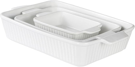 Casserole Dishes for Oven, Porcelain Baking Dishes, Ceramic Bakeware Sets of 3, Rectangular Lasagna Pans Deep with Handles for Baking Cake Kitchen ﻿ (white)