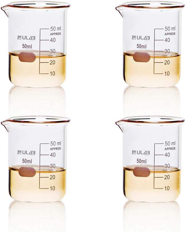 ULAB Glass Beakers Shot Glass, Vol. 50ml, 3.3 Borosilicate Griffin Low form with Printed Graduation, Pack of 4, UBG1019