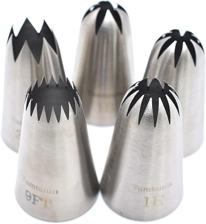 5 Pack Extra Large Piping Nozzles, 9FT 1B 1C 1E 356# Seamless Stainless Steel Piping Icing Tips for Cupcake