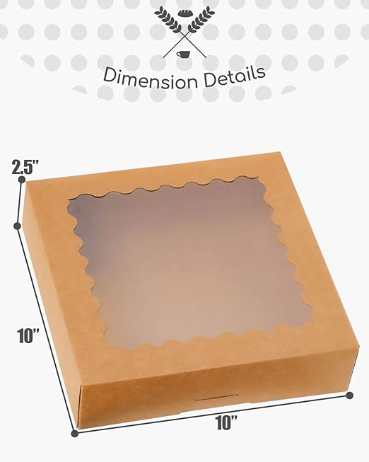 qiqee Auto-pop up Brown Pie Boxes with Window 10x10x2.5 inch 30Packs Cookie Donut Bakery Box