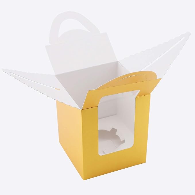 EUSOAR Gold Cupcake Boxes, 25pcs 3.6"x 3.6"x 4.3" Single Cupcake Carrier with Window Insert and Handle, Kraft Pastry Containers, Muffins Cupcake Carriers for Bakery Wrapping Party Favor Packing