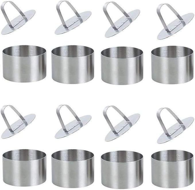 Round Cake Rings Cake Molds Set of 8, Stainless Steel Mousse and Pastry Mini Baking Ring Mold, Food Rings Dessert Rings Set Including 8 Rings & 8 Food Presses,3.15"x1.57"