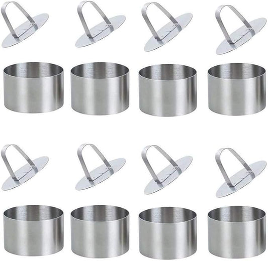 Round Cake Rings Cake Molds Set of 8, Stainless Steel Mousse and Pastry Mini Baking Ring Mold, Food Rings Dessert Rings Set Including 8 Rings & 8 Food Presses,3.15"x1.57"