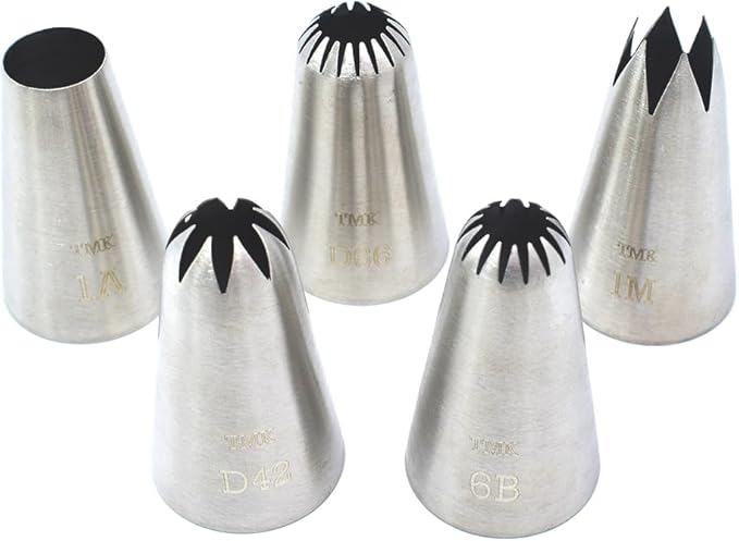5 Pack Stainless Steel Seamless Piping Icing Tips 1M 1A D66 D42 6B, Large Piping Nozzle, Cake Decorating Tools for Cupcake Baker
