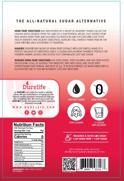 Durelife Monk Fruit Sweetener, Sugar Substitute, Keto Diet Friendly, Zero Calorie, White Sugar Substitute, Classic White - 1 lb (Packaging May Vary)